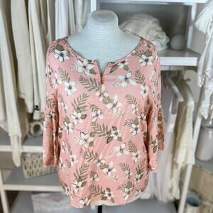 Harve Benard sz. XL pink & white green floral blouse, summer, vacation, #4197